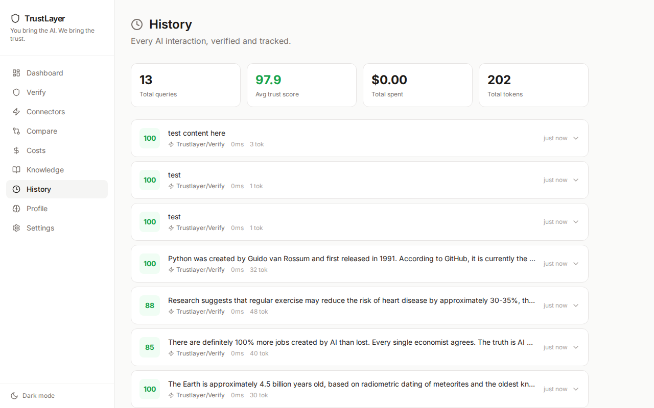 TrustLayer interaction history and audit log
